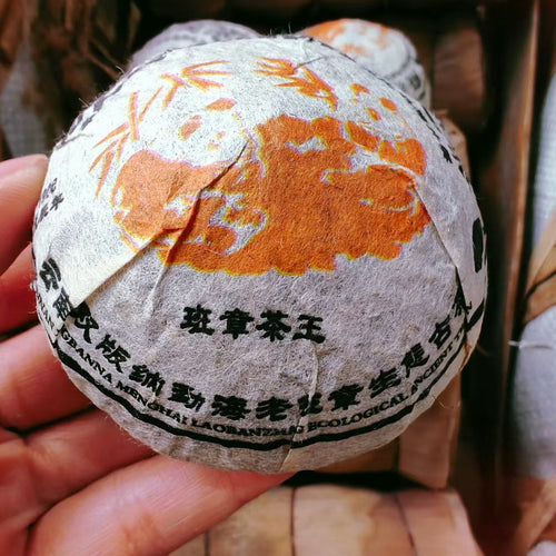 Raw Pu-erh Tea ball with orange design held by a hand
